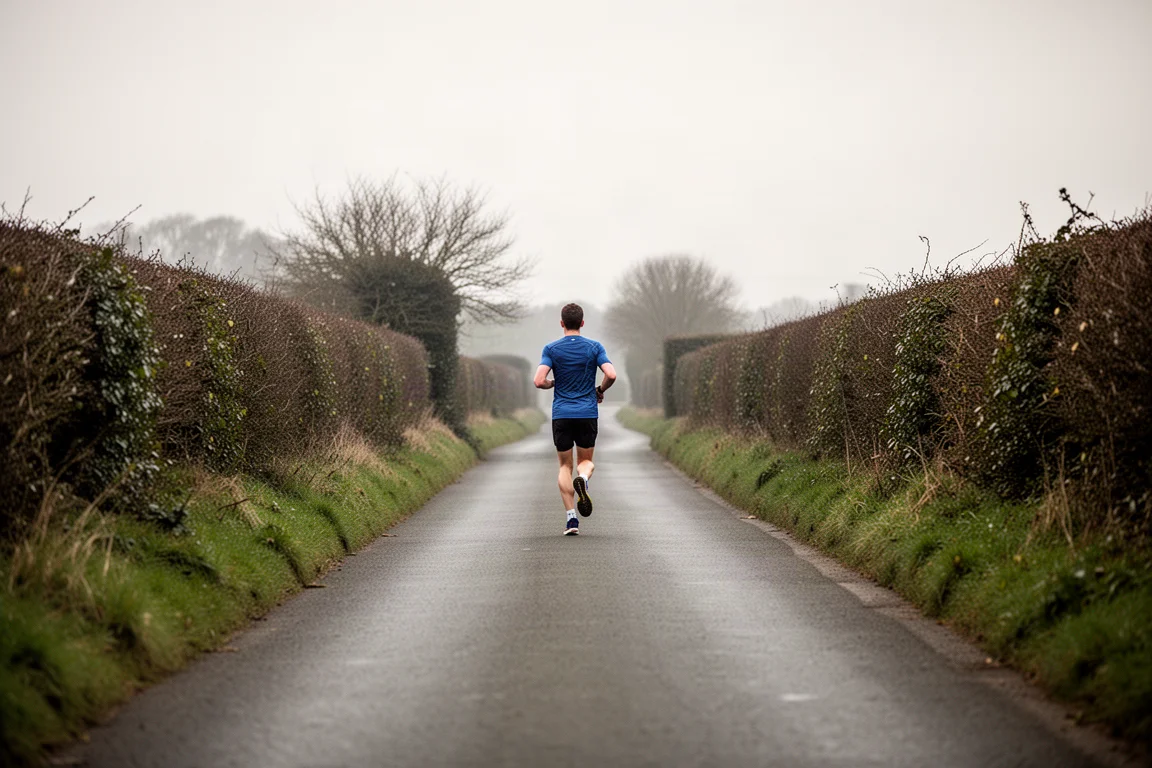 Un runner parte per una lunga corsa lenta su una strada di campagna