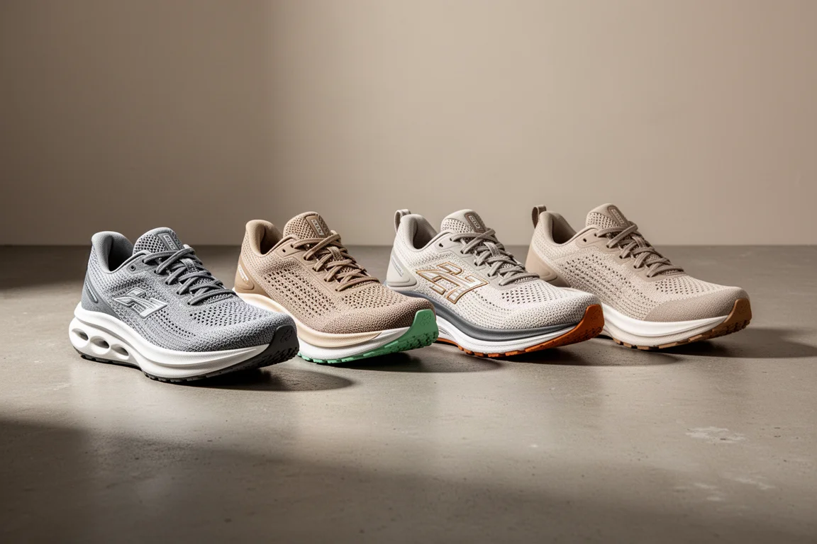Five daily running shoes arranged in a row on a concrete surface