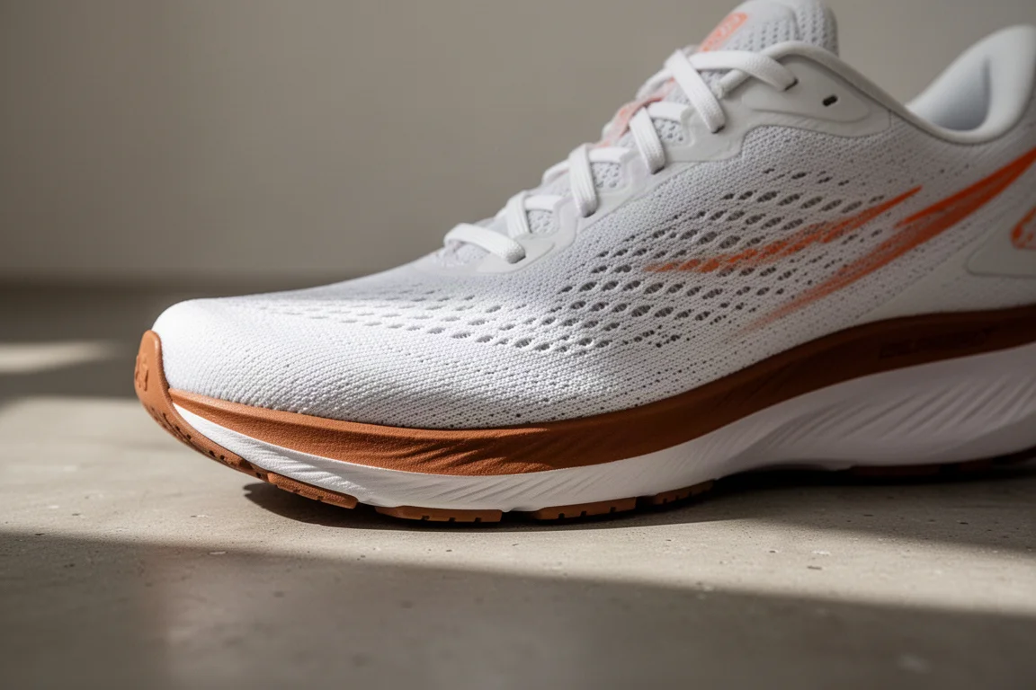 Empeigne d'une chaussure de running blanche avec semelle intermédiaire marron posée sur un sol en béton