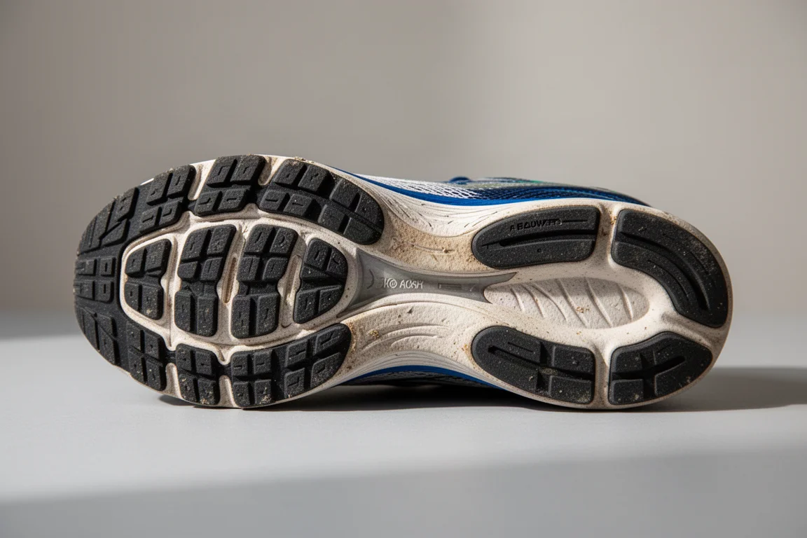 Gros plan sur une semelle extérieure usée de chaussure de running montrant les crampons et la mousse froissée de la semelle intermédiaire