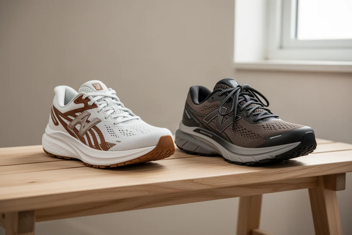 Paire de chaussures de running côte à côte sur un rayon de magasin en lumière douce