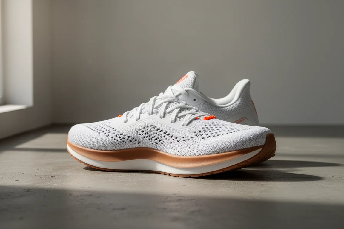 Nike Pegasus 40 running shoe with white mesh upper and brown midsole on concrete