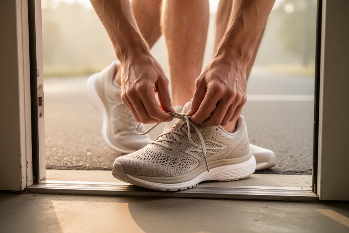 Pieds d'un coureur lacent ses chaussures de running sur un trottoir de banlieue