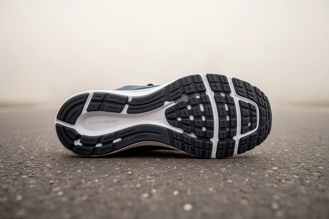 Détail du cramponnage d'une chaussure de running sur un chemin de halage humide