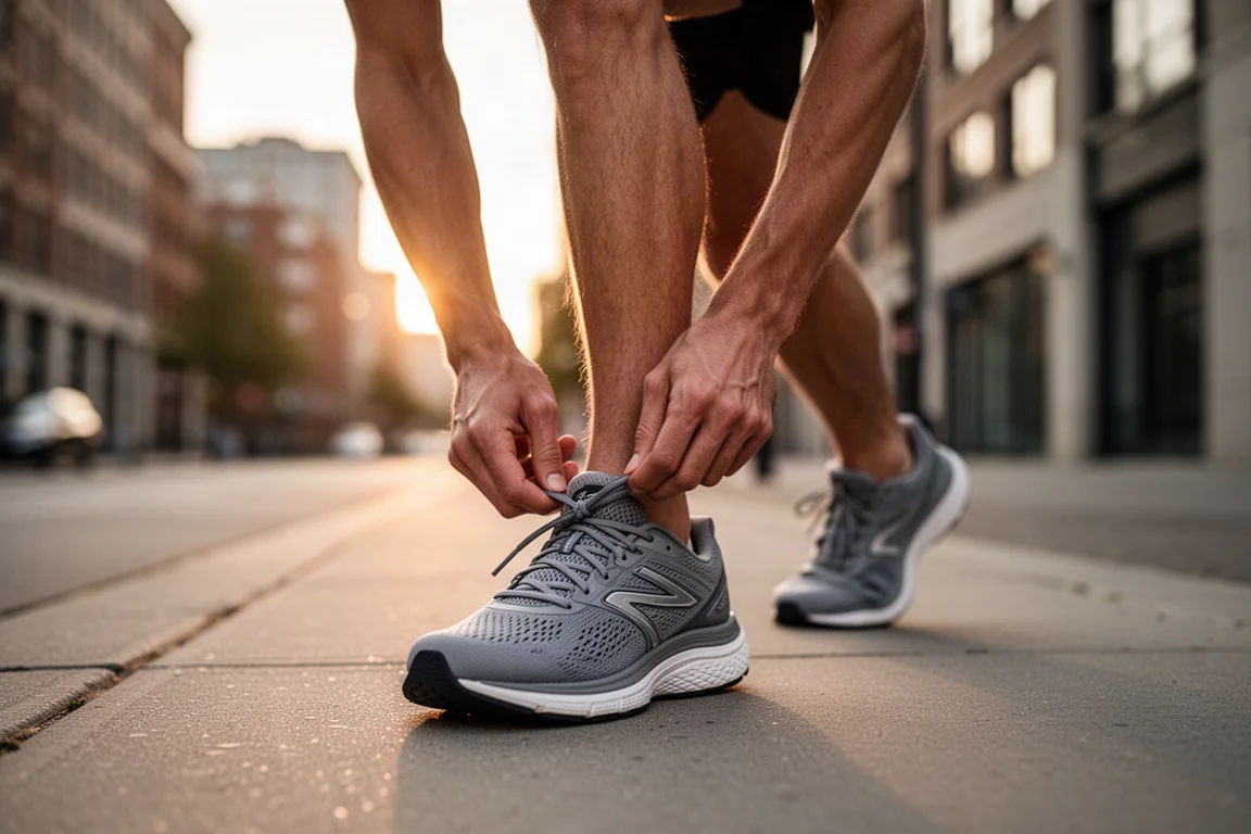 Un runner allaccia una scarpa da allenamento su un marciapiede tranquillo della città all'alba