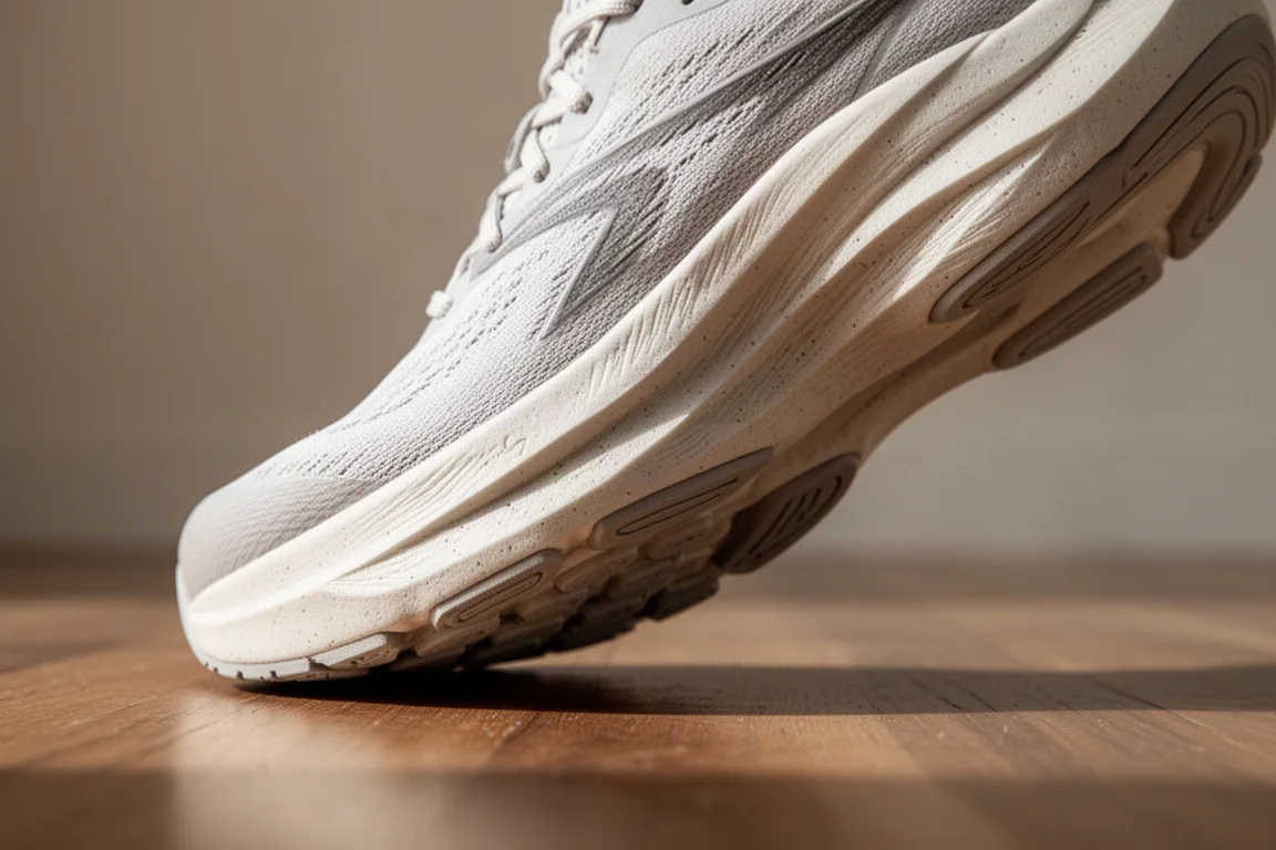Primo piano della midsole di una scarpa da running con stratificazioni di schiuma e flessibilità