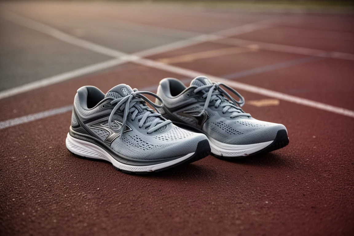 Due scarpe da running affiancate su una pista da atletica nella luce serale