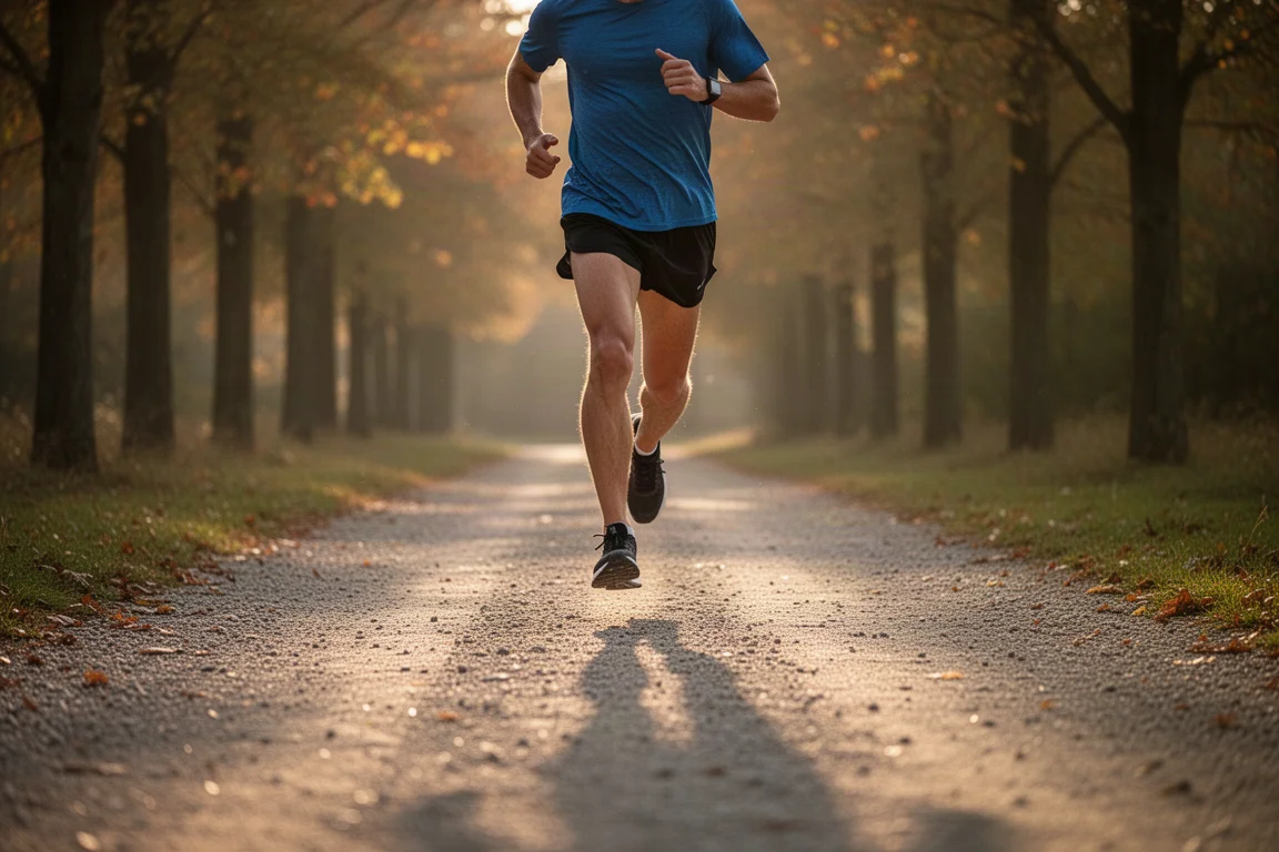 Un runner conclude una corsa facile su un viale alberato nell'ora dorata