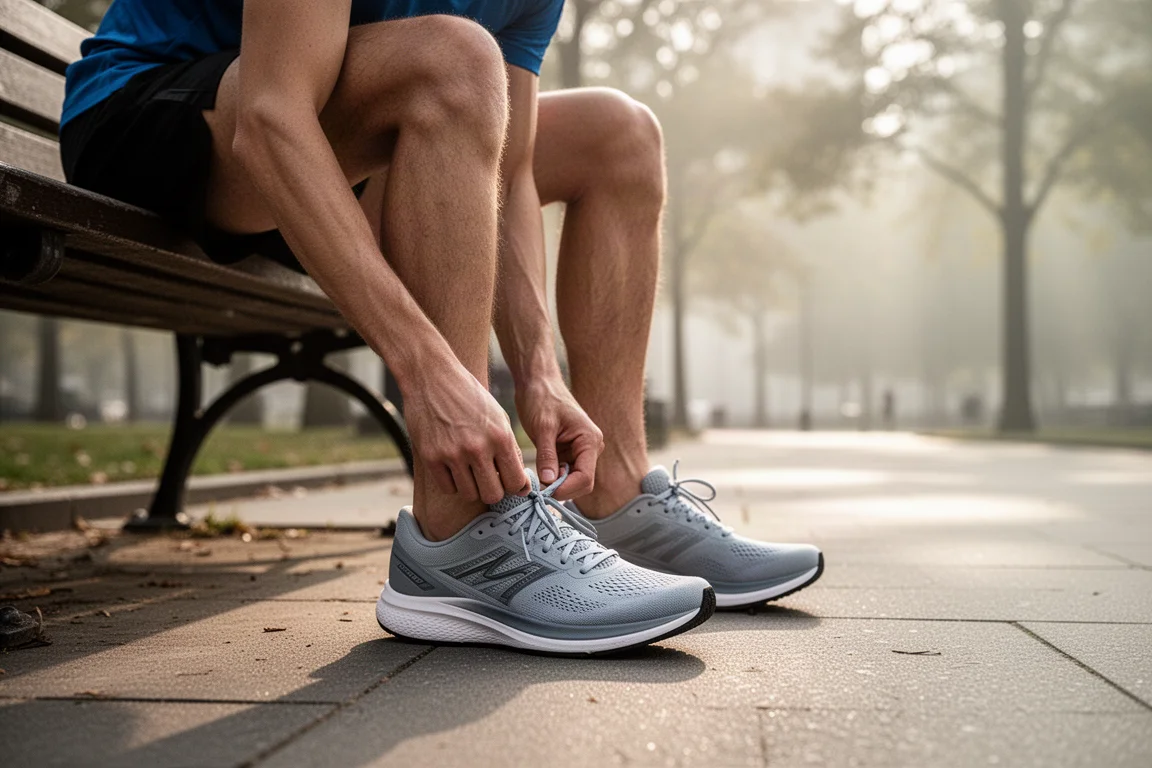 Läufer schnürt vor einem lockeren Lauf auf Straßen der Stadt gedämpfte Daily Trainer