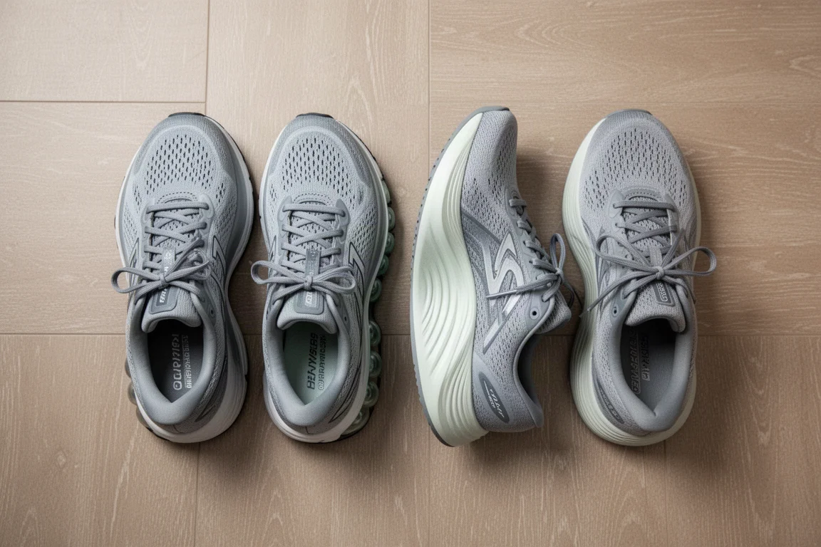Zwei Paar Laufschuhe nebeneinander auf einem Holzboden zum Vergleich