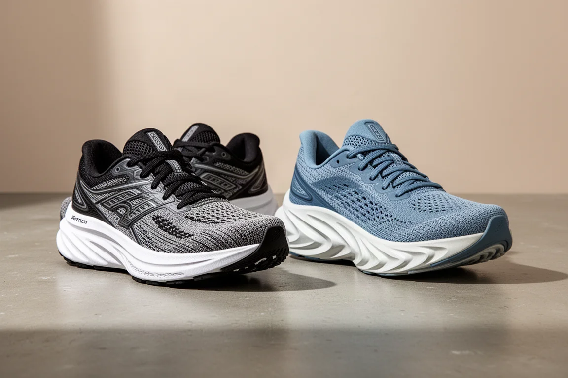 Nike Pegasus 40 and Hoka Clifton 9 running shoes side by side on concrete