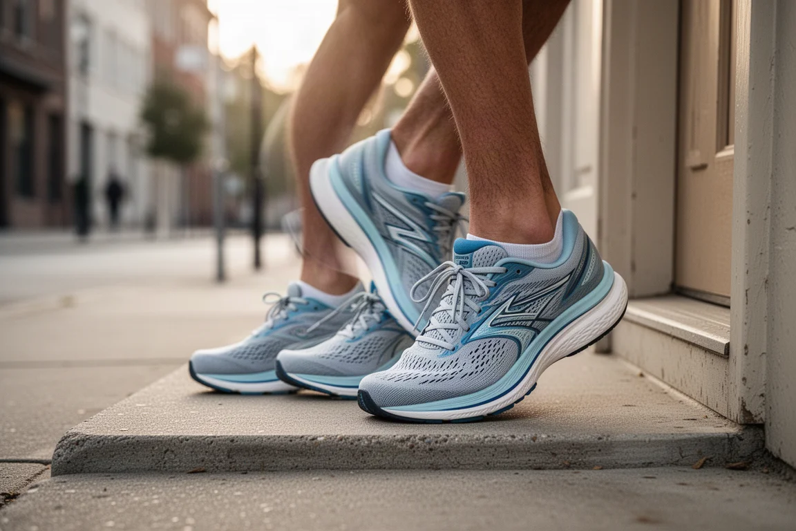 Un coureur lace une paire de chaussures d'entraînement quotidiennes amorties sur un seuil de porte avant une sortie facile du matin