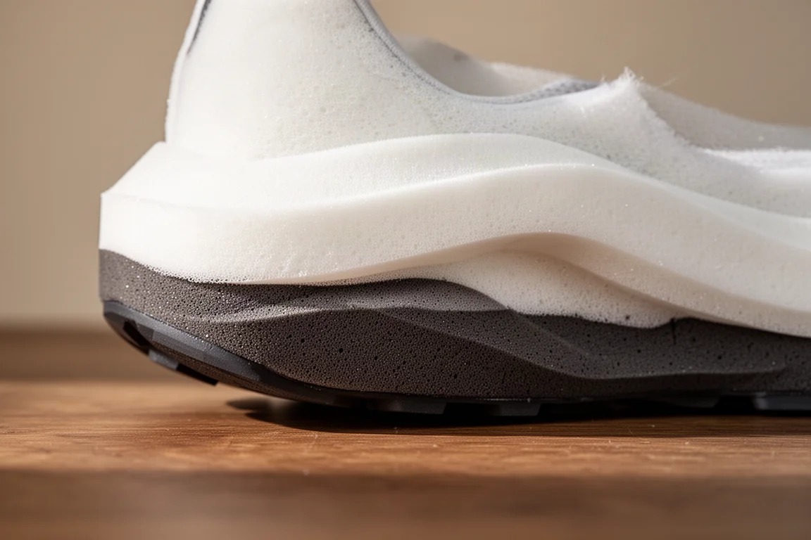 Gros plan sur la semelle intermédiaire à double densité d'une chaussure de running montrant la mousse en couches