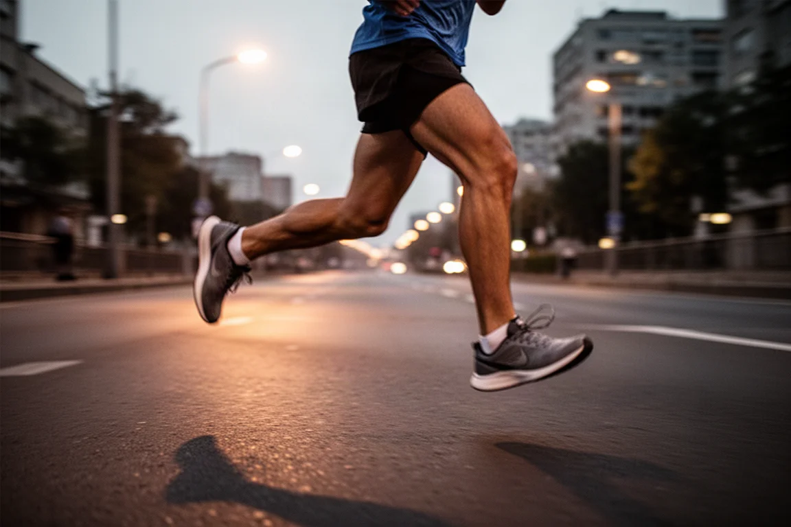 Un coureur accélère le rythme sur une route urbaine au crépuscule