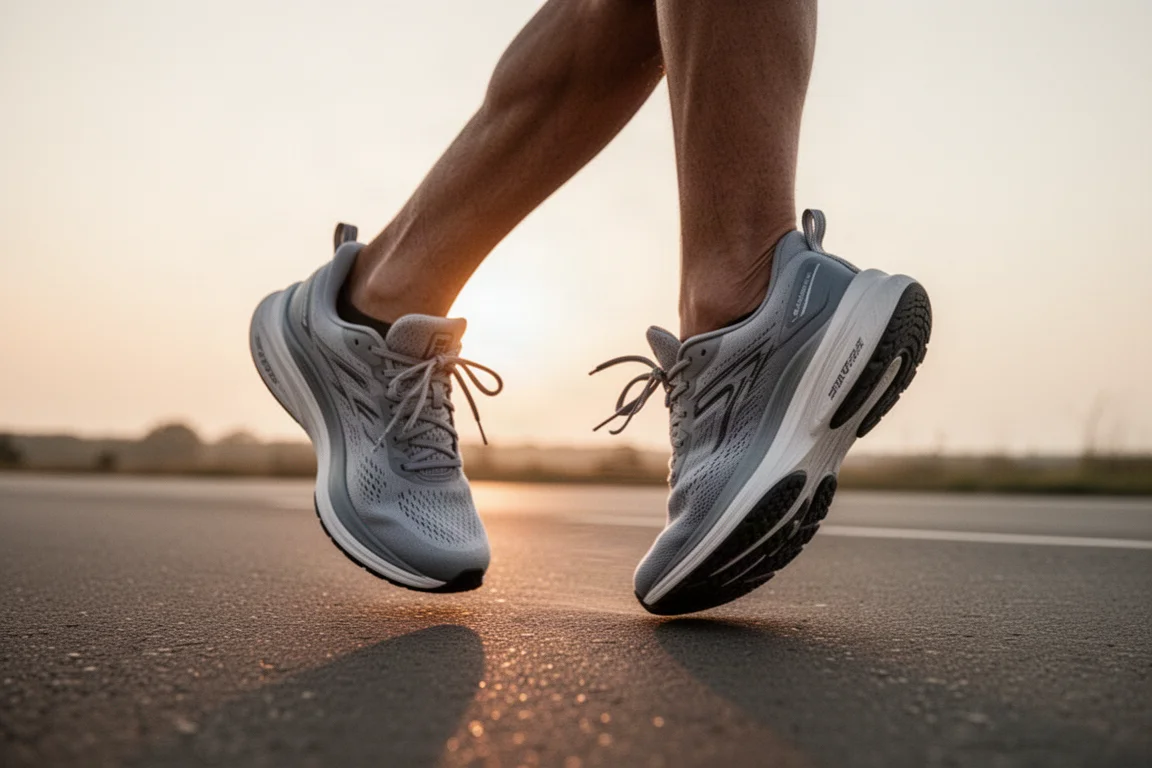 Runner's feet in cushioned daily trainers on a paved road at sunrise