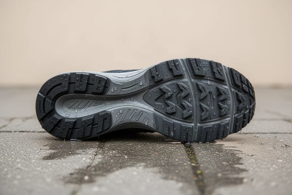 Outsole rubber tread of a running shoe on damp pavement