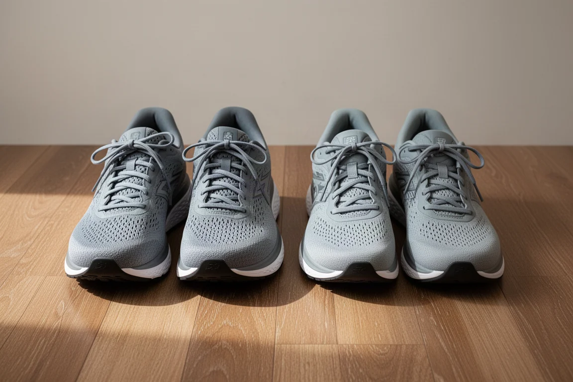 Two pairs of running shoes side by side on a wooden floor