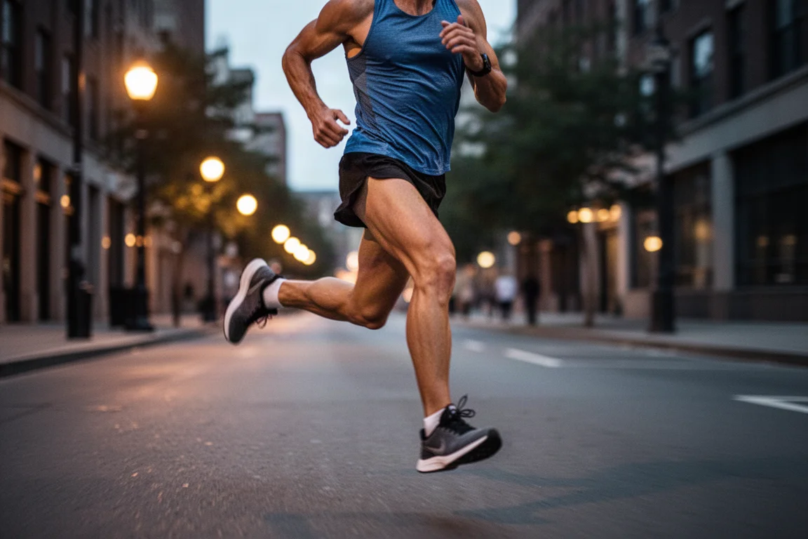 Runner picking up pace on a city street at dusk