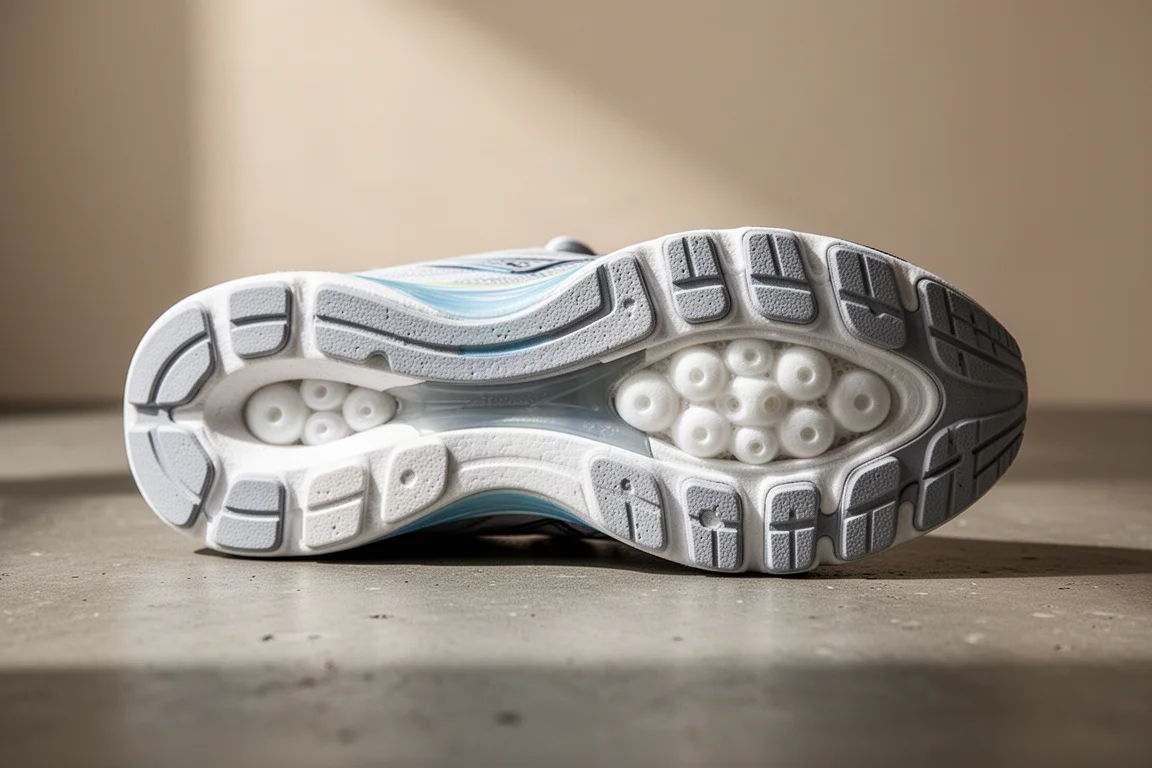 Primo piano della midsole ammortizzata di una scarpa da running con gli strati di schiuma