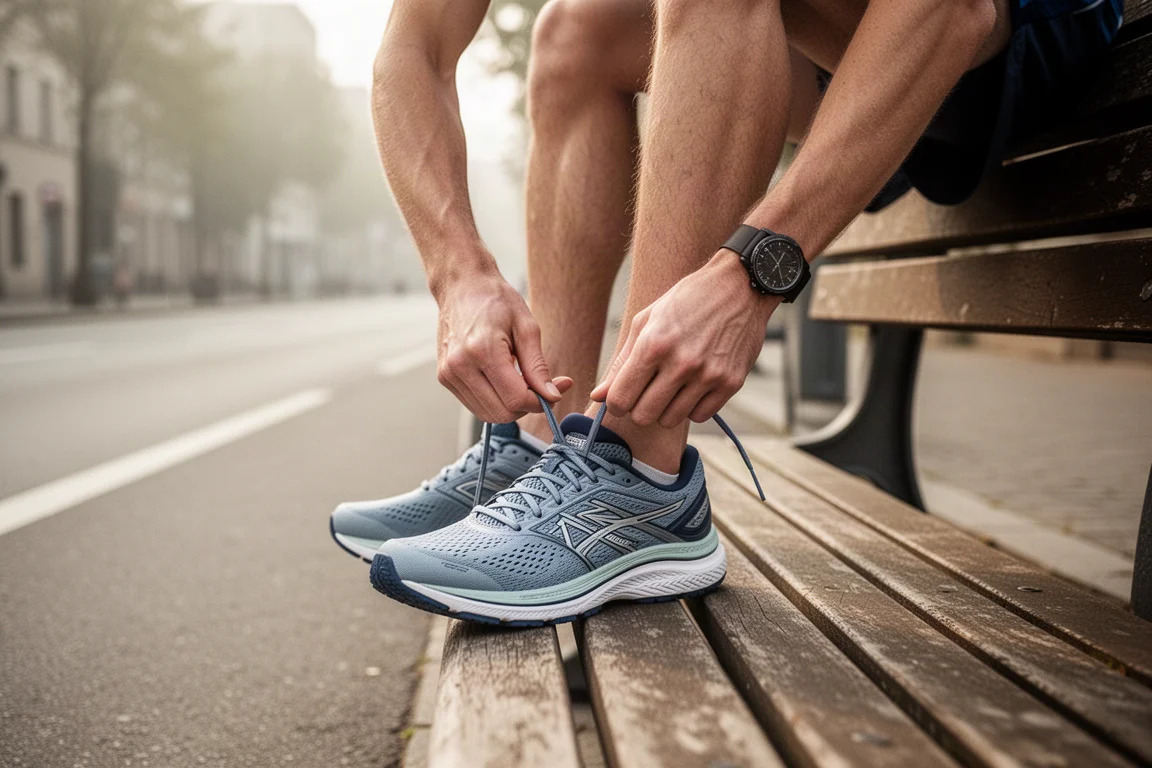 Piedi di un runner che allaccia le scarpe da running prima di un allenamento