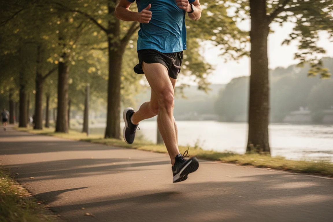 Runner che corre lungo una pista sul fiume durante una corsa leggera