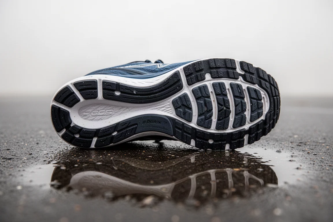 Suola di una scarpa da running con pattern in gomma su asfalto bagnato