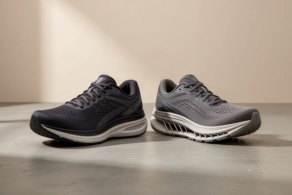 Two cushioned running shoes side by side on a concrete surface