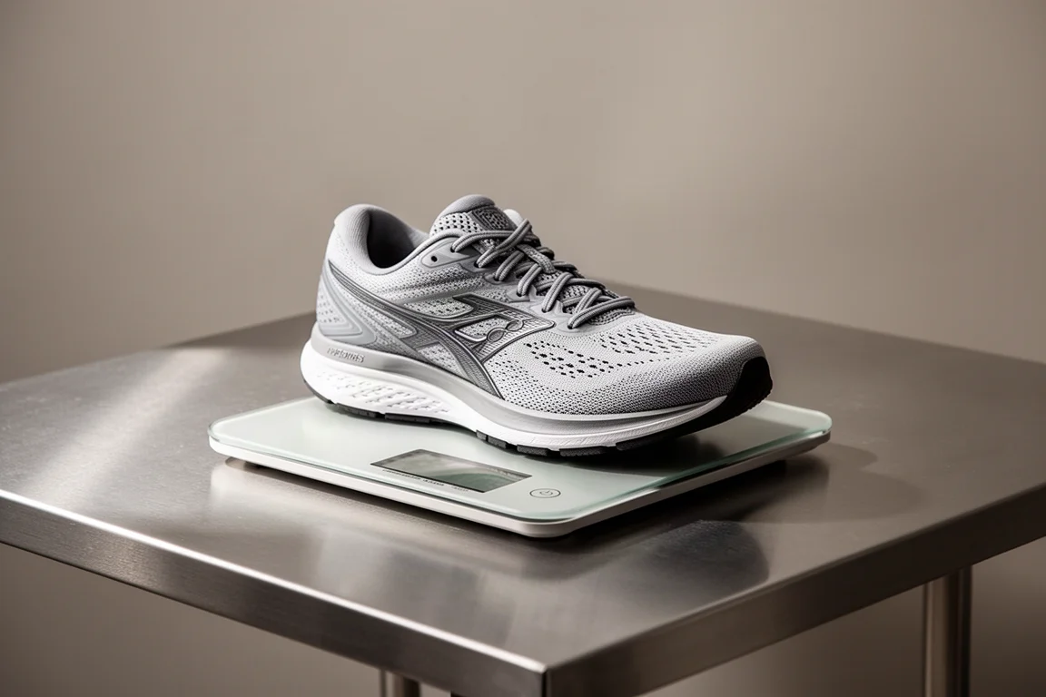 Laufschuh auf einer Digitalwaage mit Gewichtsangabe