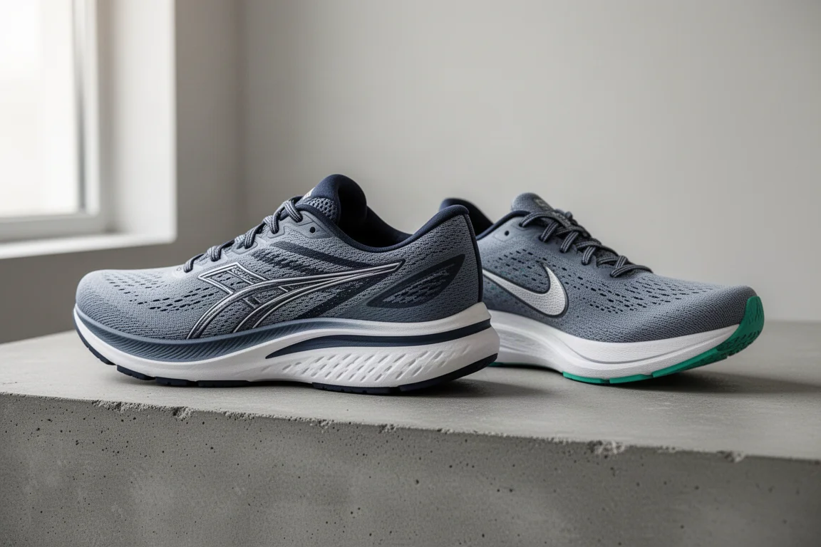 Two running shoes resting side by side on concrete, showing midsole stack differences