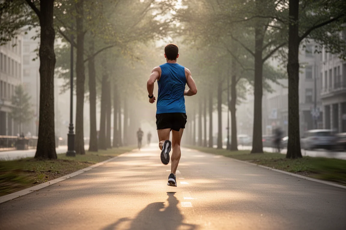 Runner moving along a tree-lined city path in early morning light