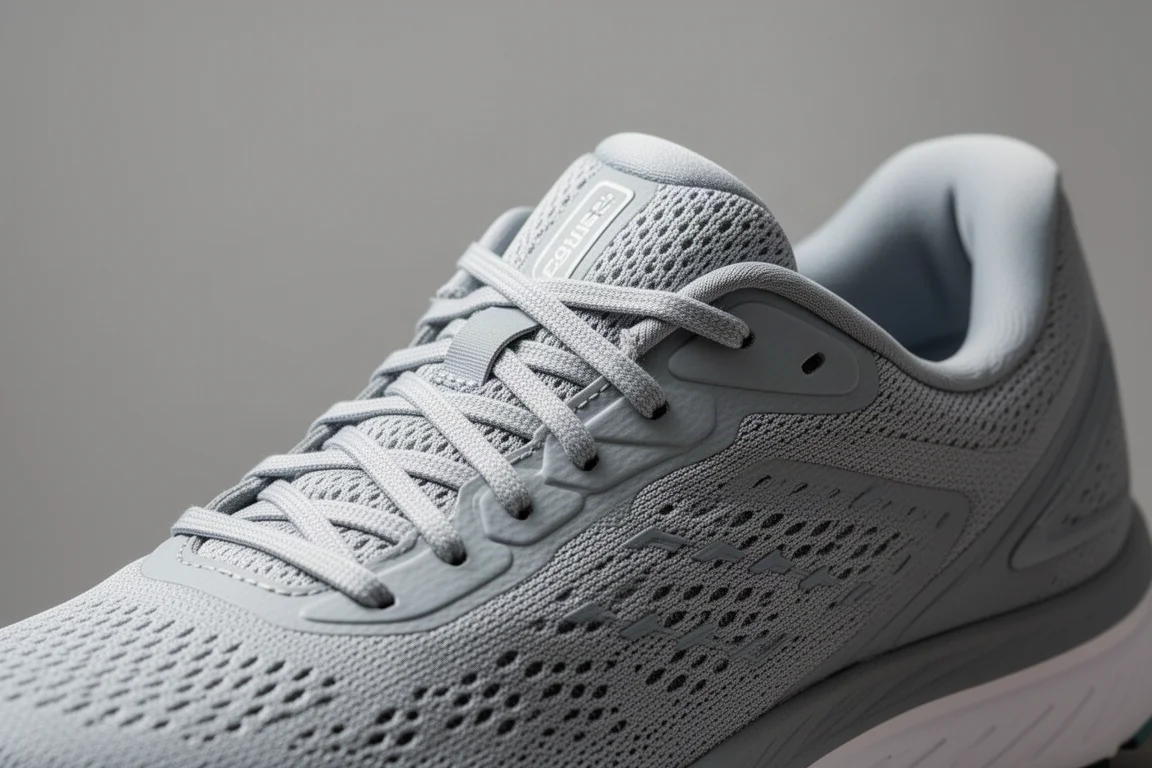 Close-up of a running shoe upper showing lacing and heel collar detail