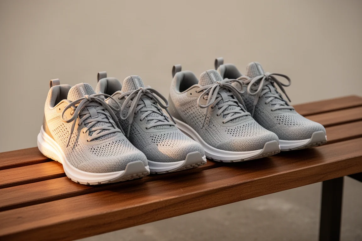 ラン後に木製ベンチに並べて置かれた2足のランニングシューズ