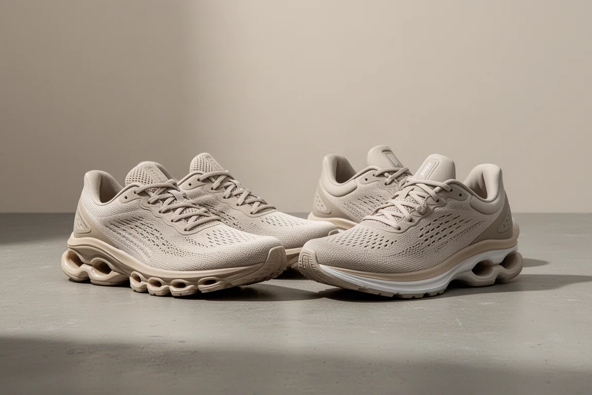 Two pairs of cushioned running shoes side by side on a concrete surface