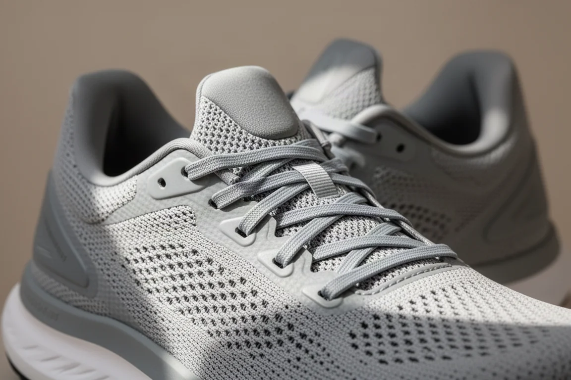 Primer plano de la parte superior de una zapatilla de running con malla técnico flexible