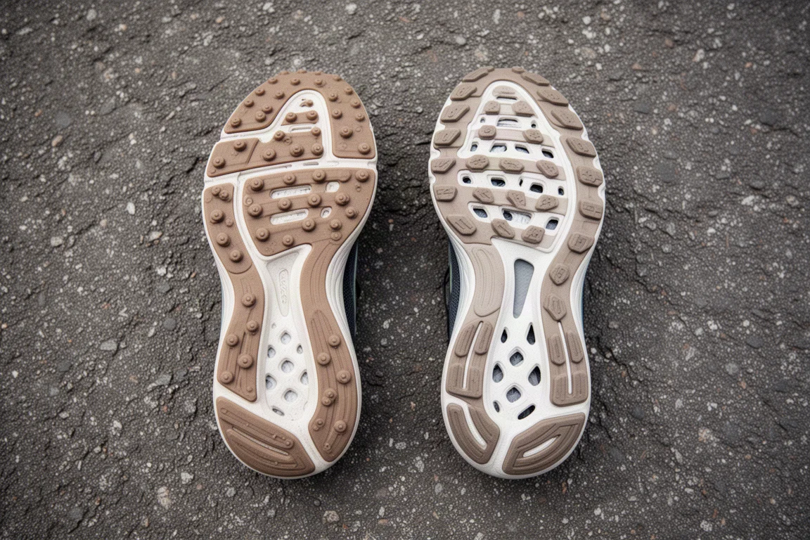Suelas de zapatillas de running apoyadas sobre asfalto mostrando un desgaste leve