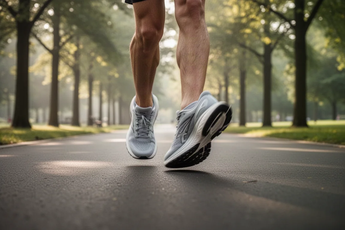 Füße eines Läufers mitten im Schritt auf glattem Asphalt im lockeren Tempo