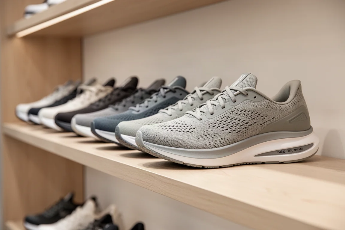 Mehrere Laufschuhe in einer Reihe auf einem Regal in einem Laufgeschäft