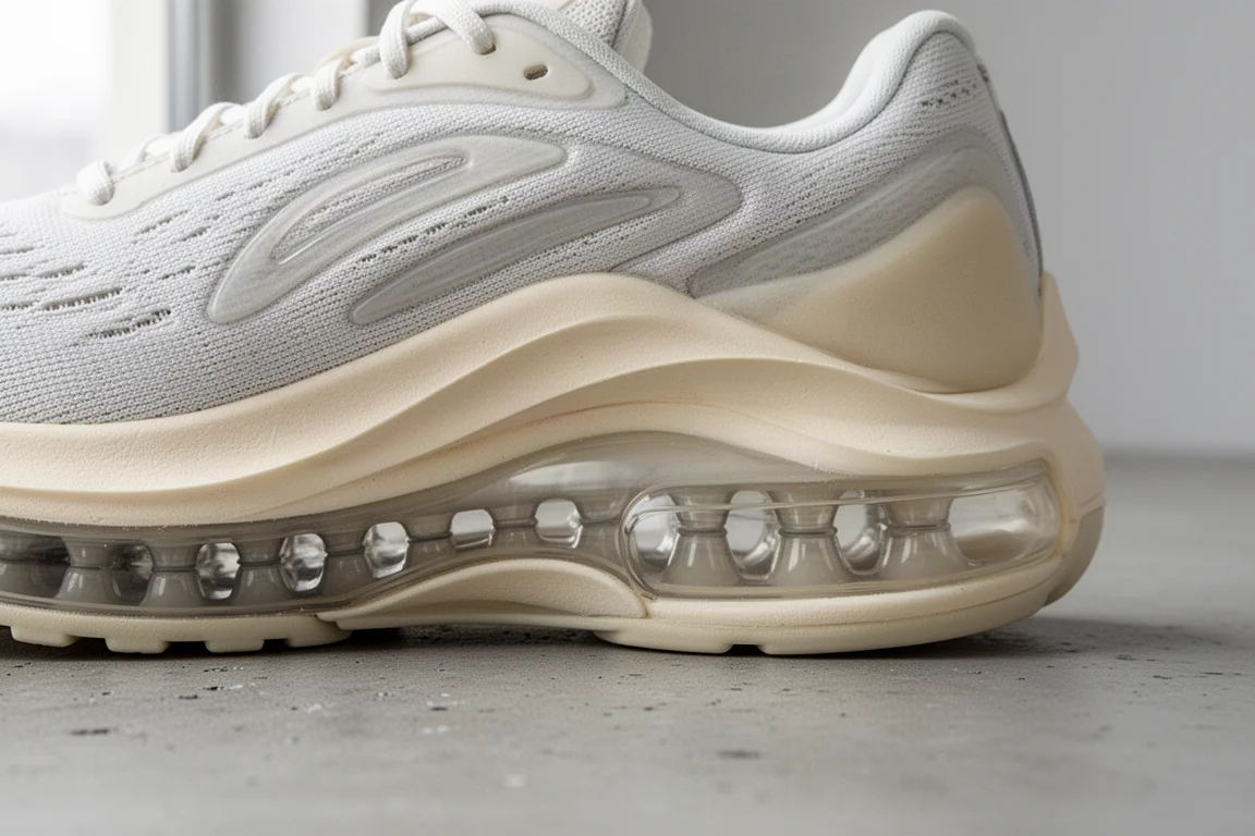 Gros plan sur la semelle intermédiaire d'une chaussure de running montrant une unité d'air pleine longueur sous le pied