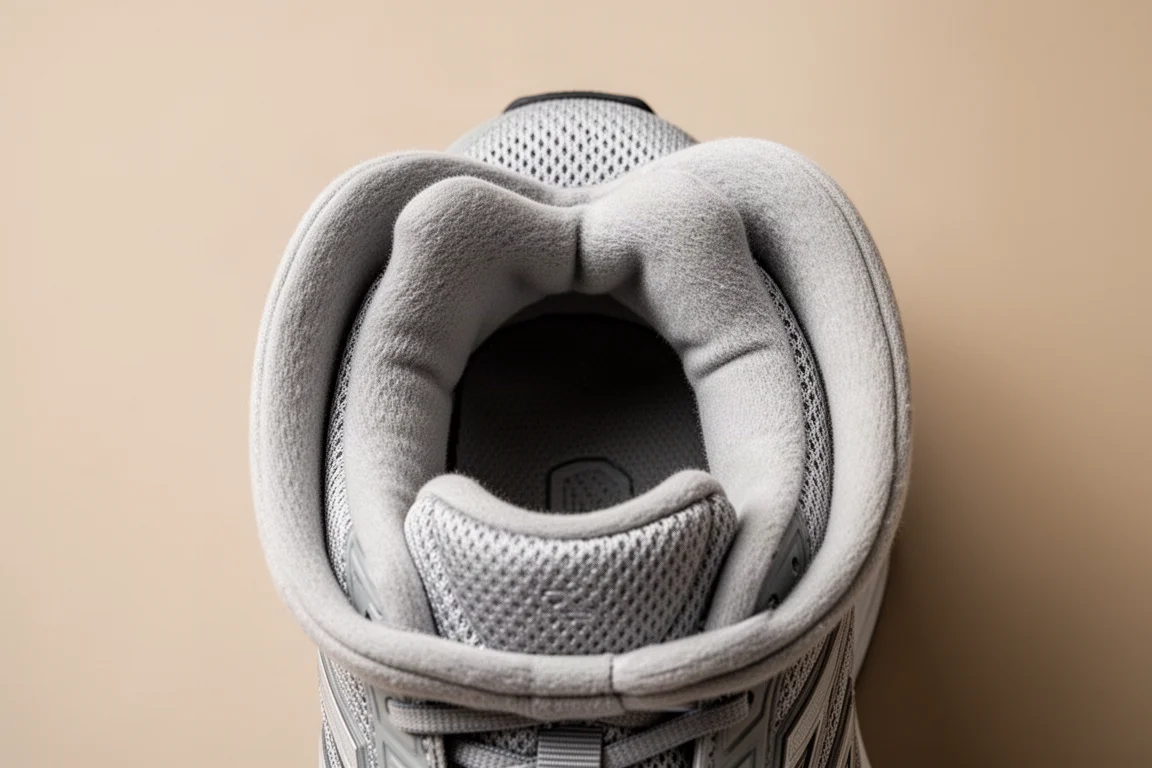 Pieds d'un coureur qui lace une languette rembourrée de chaussure de running en lumière douce