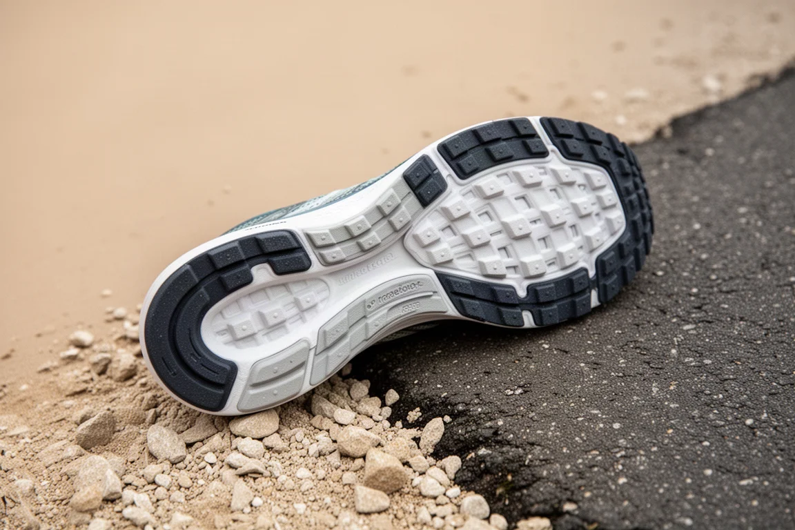 Semelle extérieure à crampons waffle d'une chaussure de running posée sur un mélange d'asphalte et de gravier