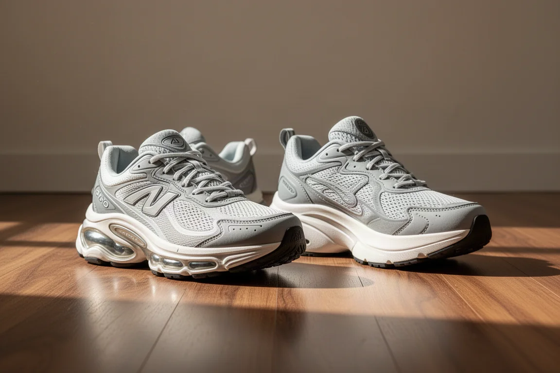 Zwei hochgedämpfte Laufschuhe nebeneinander auf einem Holzboden angeordnet