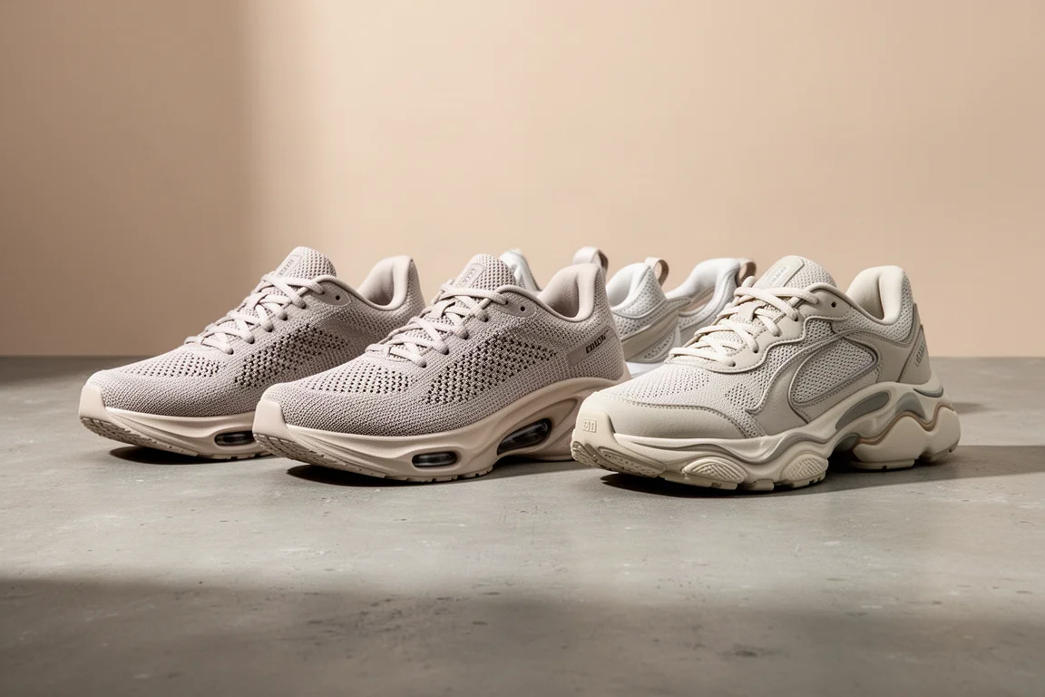 Four running shoes lined up on a concrete surface showing different midsole designs