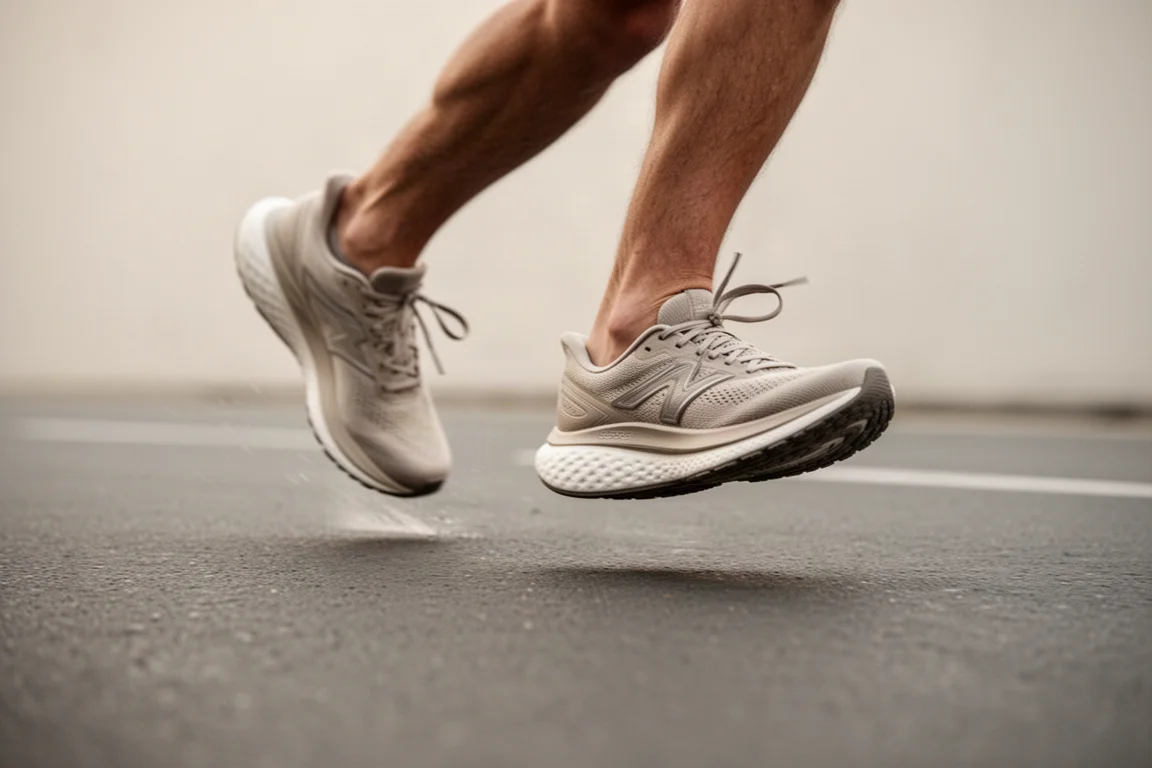 Piedi di un corridore a metà passo su una strada urbana con scarpe running neutre e ammortizzate