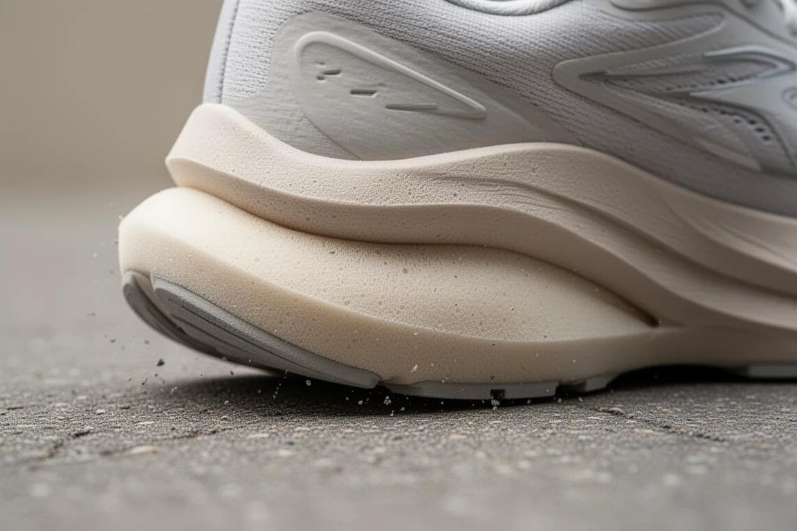 Primo piano della mescola in schiuma morbida di una scarpa running che si comprime sull'asfalto