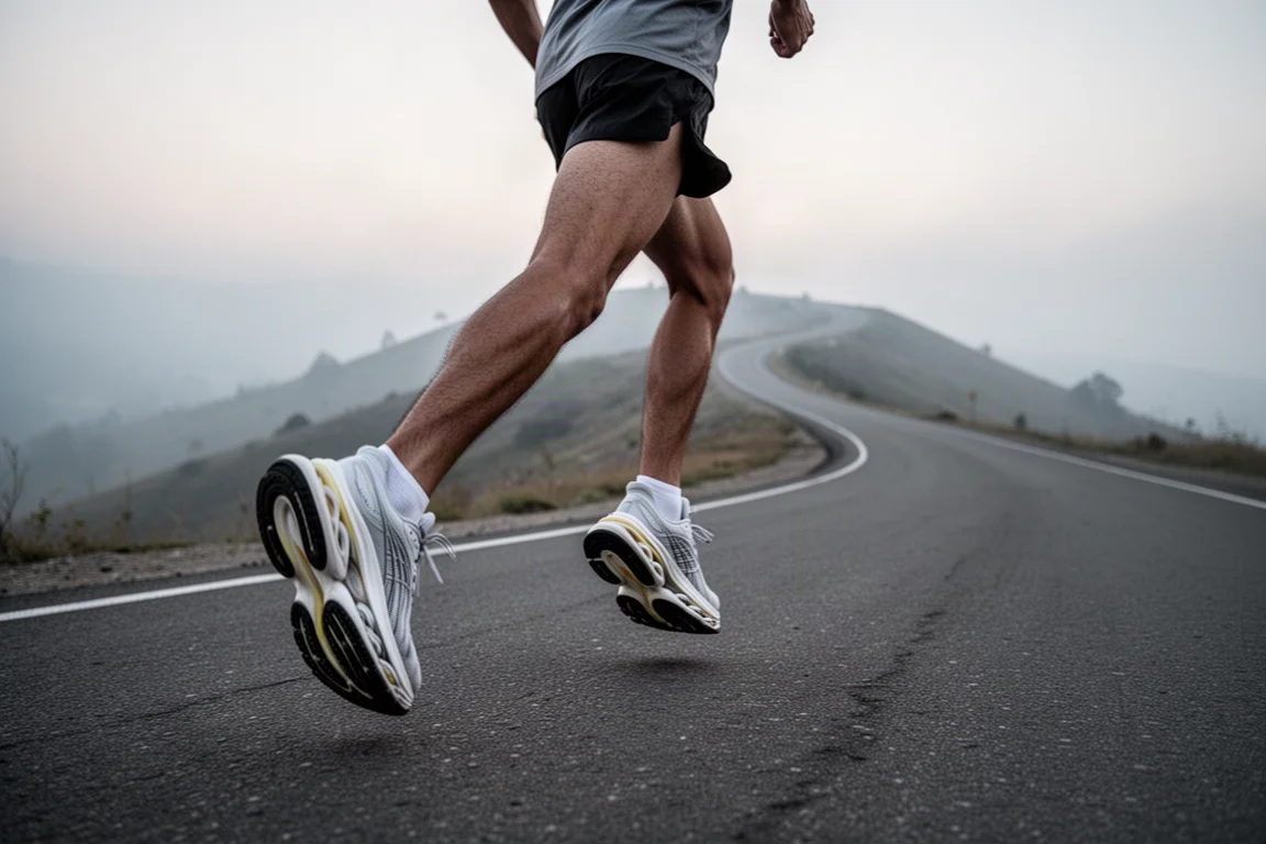 Corridore che sale una strada in salita con scarpe running a stack massimo