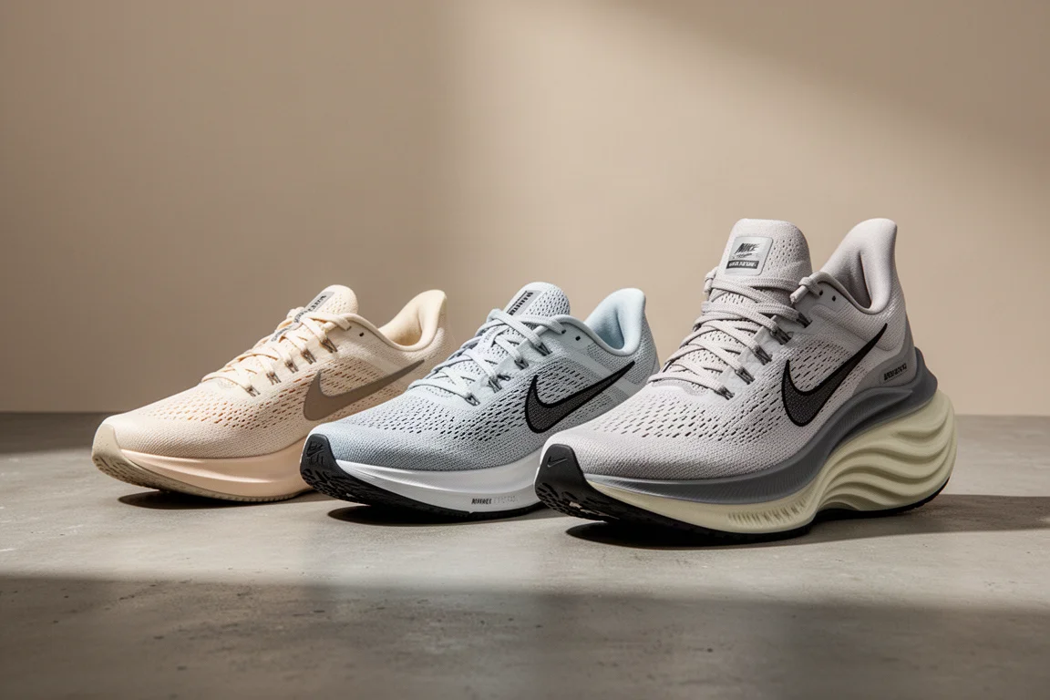 Three Nike Pegasus running shoes of different stack heights lined up on concrete
