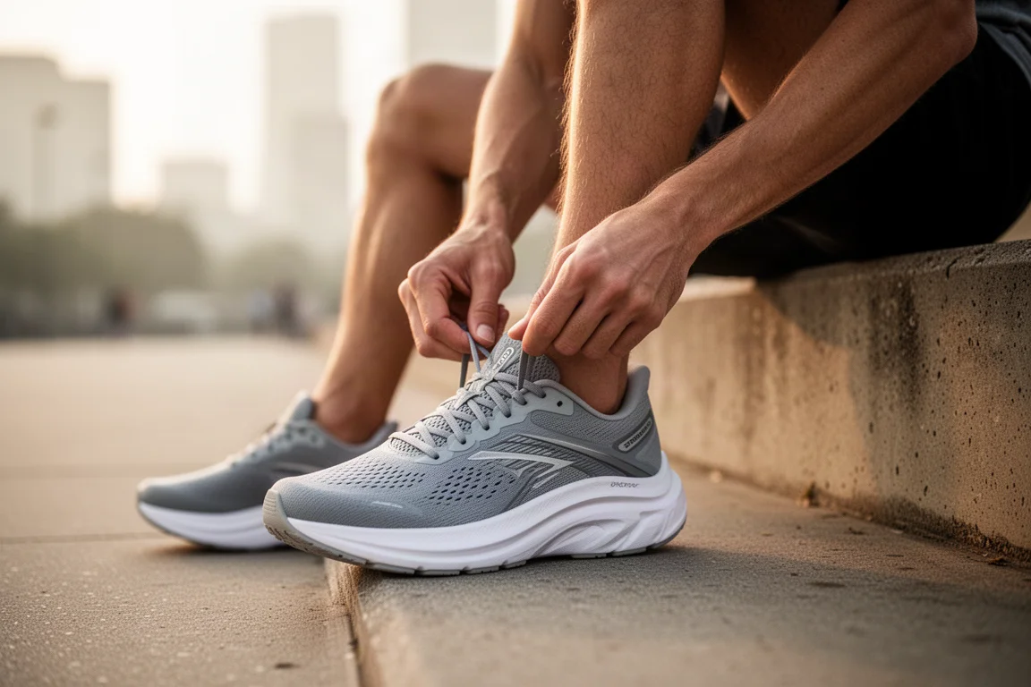 Runner lacing up a thick-soled daily running shoe on a city pavement