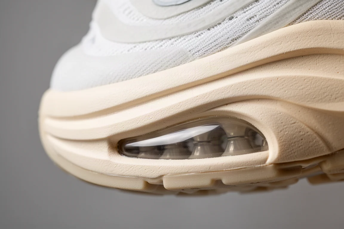Close-up of a running shoe midsole with visible air cushioning unit in the forefoot