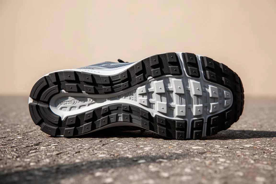 Waffle-pattern rubber outsole of a running shoe resting on rough tarmac