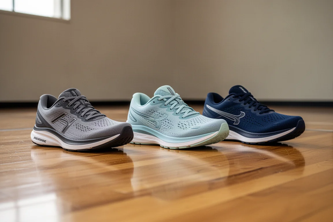 Three alternative lightweight running shoes lined up on a gym floor